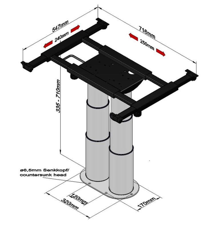 ilse Technik Zweisäulen Liftgestell mit Tischplattenverschiebung 250/248 Abmessungen