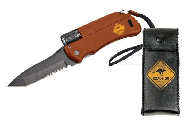 Foldender Messer, Außenmesser, verriegelte Klinge, brauner Griff, Schutzhülle Schlaufe, 